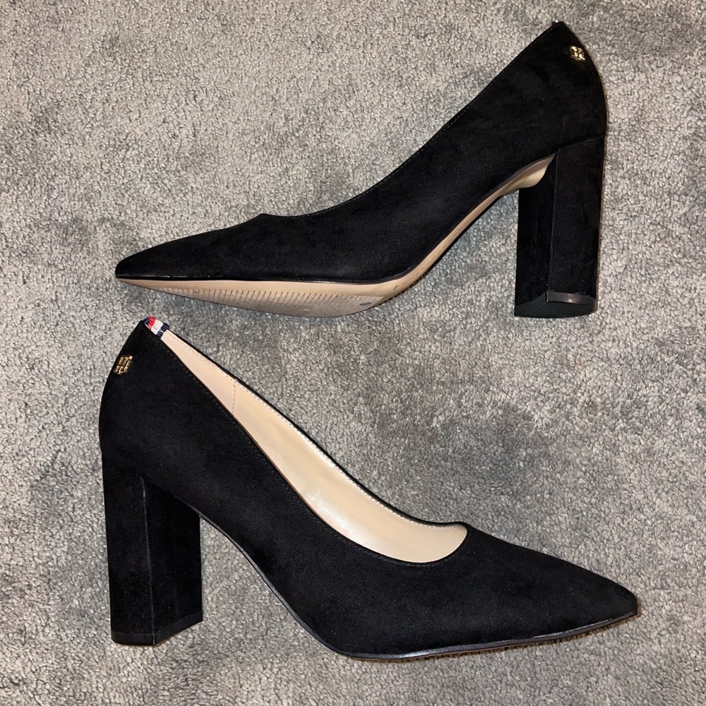 Tommy Hilfiger Block Black Suede Heels Size 7.5